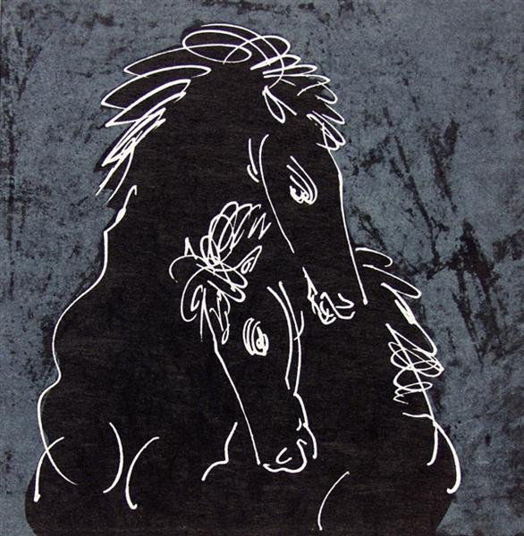 HANS ERNI (Swiss) Color lithograph: Hans Erni (Swiss, b.1909). "Lithograph from "Chevaux" (XIV)". Color lithograph. 1966. Edition of 450. Rives BFK paper. Fine impression. 6 1/8 x 6 1/16 in. (156 x 154 mm). Sheet Size: 8 1/4 x 9 in. (21