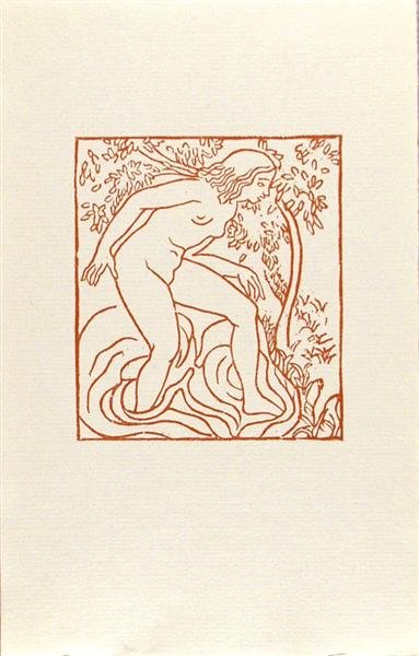 ARISTIDE MAILLOL (French) Color woodcut: Aristide Maillol (French, 1861 - 1944). "Chloe se Baignant dans une Fontaine". Color woodcut. 1937. Edition of 500. Laid paper. 3 3/4 x 3 5/8 in. (95 x 92 mm). Sheet Size: 8 1/2 x 5 1/4 in. (216 x 133