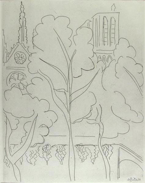 HENRI MATISSE (French) Original etching: Henri Matisse (French, 1869 - 1954). "Cite-Notre Dame". Original etching. 1937. Edition of 500. Signed in the plate. Full margins. Fine impression. 13 1/2 x 10 1/8 in. (343 x 257 mm). Sheet Size: 17 1