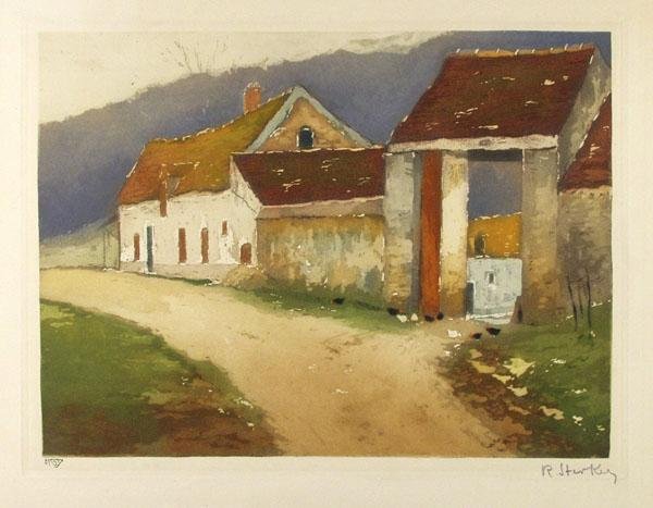 ROBERT STERKERS (French) Color etching a la poupee: Robert Sterkers (French, fl. 1920's - 1940's). "The Old Farm". Color etching a la poupee. c1930. Signed in pencil, lower right. Printer's stamp, lower left. Numbered "29" in pencil, lower left`. Full 
