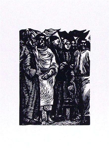 ALBERTO BELTRAN (Mexican) Linocut: Alberto Beltran (Mexican, 1923 - 2002). "Amistad de los Pueblos". Linocut. c1940s?. Taller de Grafica Popular (TGP) stamp, verso. Wide margins. 5 1/8 x 3 3/4 in. (130 x 95 mm). Sheet Size: 14 1/8 x 11