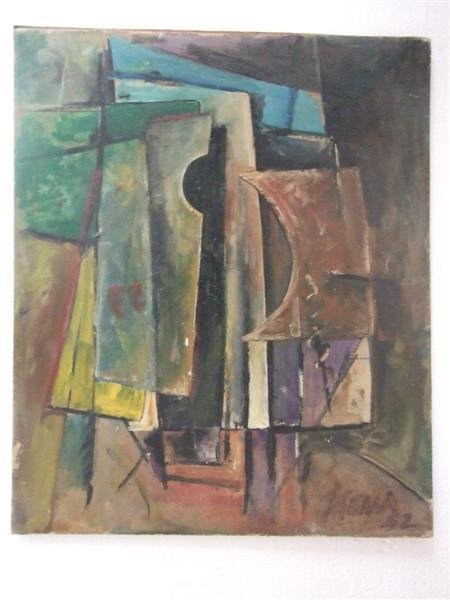 JALED MUYAES (Chilean/Mexican) Oil on paper laid t: Jaled Muyaes (Chilean/Mexican, 1921 - 2007). "Abstracto en Sombras". Oil on paper laid to board. 1952. Signed "Kena" and dated, lower right. Muyaes always signed his work "Kena," "S. Kena," "Silvestre