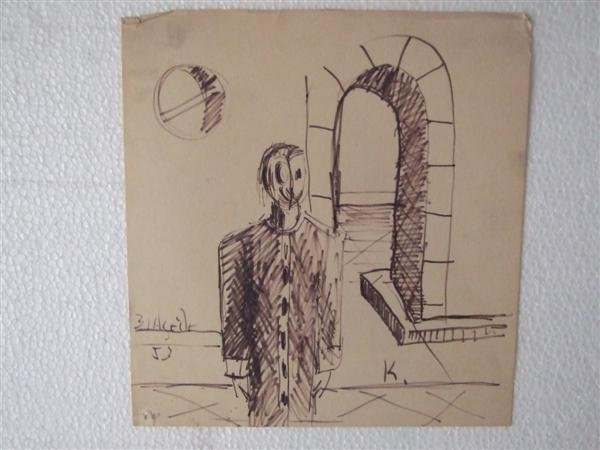 JALED MUYAES (Chilean/Mexican) Pen and ink on pape: Jaled Muyaes (Chilean/Mexican, 1921 - 2007). "Habitante". Pen and ink on paper. 1953. Signed "K." Muyaes always signed his work "Kena," "S. Kena," "Silvestre Kena," or "Silvestre;" or, if initialed, "