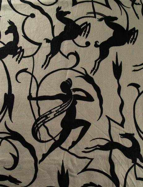 WILLIAM DIETRICH (American) Textile: William Dietrich (American, 20th Century). "Diana at the Hunt". Textile. c1925. Two matching linen panels with repeating pattern. Panel 1: 118 in. x 35 in. Top and bottom edges cut irregularly. Sides 