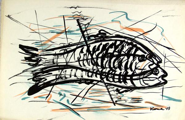 JALED MUYAES - Two Fish - Ink and watercolor: Artist: Jaled Muyaes (Chilean/Mexican, 1921 - 2007). Title: "Two Fish". Medium: Ink and watercolor. Date: Composed 1949. Dimensions: Overall size: 8 15/16 x 13 13/16 in. (227 x 351 mm). Image