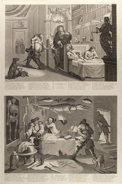 WILLIAM HOGARTH (English) Engraving: William Hogarth (English, 1697 - 1764). "Illustrations from Hudibras: Lawyer and Sidrophel, Plate 7". Engraving. 1726. Fine impression. 22 x 14 1/2 in. (559 x 368 mm). Sheet Size: 24 3/4 x 18 3/4 in.