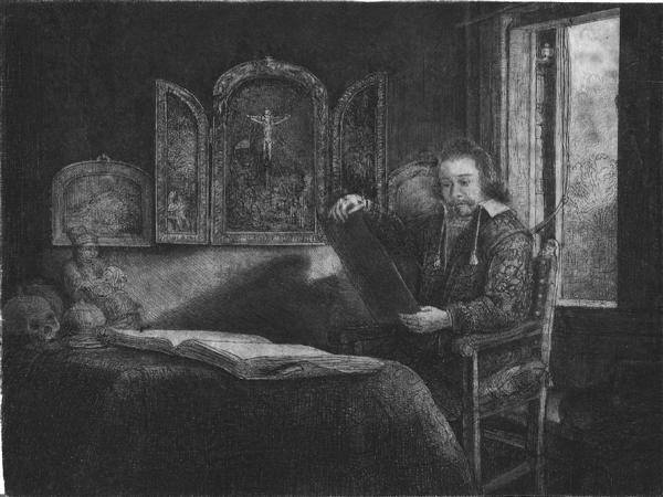 REMBRANDT (REMBRANDT HARMENSZ VAN RIJN) (Dutch) Etc: Rembrandt (Rembrandt Harmensz van Rijn) (Dutch, 1606 - 1669). "Abraham Francen, Apothecary". Etching, drypoint, and burin. c1657. Probably Biorklund/Barnard's sixth state of ten. Laid paper with unide