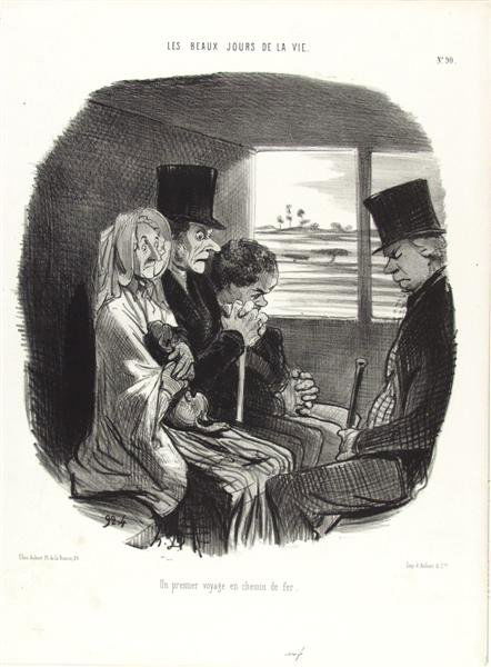 HONORE DAUMIER (French) Lithograph: Honore Daumier (French, 1808 - 1879). "Les Beaux Jours de la Vie: Un Premier Voyage en Chemin de Fer". Lithograph. c1843-1846. Initialed in the stone. Titled, numbered, and annotated in the stone. 9 9
