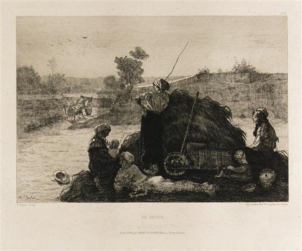 FERDINAND ROYBET (French) Etching: Ferdinand Roybet (French, 1840 - 1920). "Le Repos". Etching. c1865. Signed and dated in plate, lower left; blind stamp in lower margin. Full margins. Fine impression. 9 5/16 x 12 7/16 in. (237 x 316 m