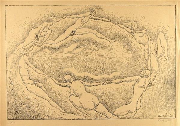 RUDOLF BAUER (German) Lithograph: Rudolf Bauer (German, 1881 - 1953). "Circle of Life". Lithograph. c1910s. Signed in pencil, lower right; annotated "No. 123" in pencil. Signed in the stone, lower right. Wide margins. Fine impression.