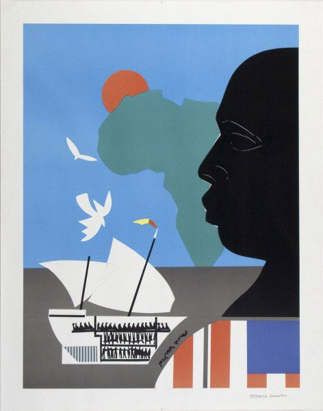 ROMARE BEARDEN (American) Original color silkscree: Romare Bearden (American, 1914-1988). "Roots". Original color silkscreen. 1977. Edition of 300 (of which all were printed?). Signed in pencil, lower right. Signed in the screen. White wove paper. Full
