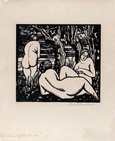 CECIL T. BULLER (Canadian) Original woodcut: Cecil T. Buller (Canadian, 1888 - 1973). "Summer Afternoon". Original woodcut. c1920s. Signed in pencil, lower right. Titled in pencil, lower left corner. White wove paper. Wide margins. Very good imp