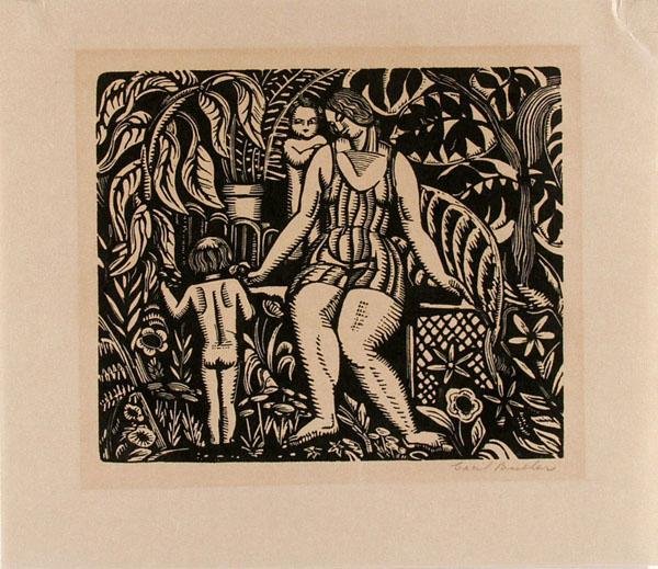 CECIL T. BULLER (Canadian) Original woodcut: Cecil T. Buller (Canadian, 1888 - 1973). "Untitled [Mother, Children and Foliage]". Original woodcut. c1920s. Signed in pencil, lower right. White wove paper. Wide margins. Very good impression. 5 3/4