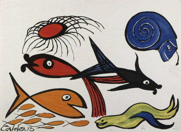 ALEXANDER CALDER (American) Original color lithogr: Alexander Calder (American, 1898 - 1976). "Blue seashell and Fish". Original color lithograph. 1975. Signed in pencil with the initials and annotated "TP" lower right. Wove paper. Full margins. Very g