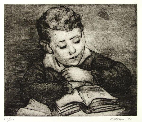 MINNA CITRON (American) Etching with aquatint: Minna Citron (American, 1896 - 1992). "Sherman". Etching with aquatint. 1941. Printed 1981. Edition of 100. Signed, dated and numbered in pencil. Rives paper. Full margins (deckle edges). 6 7/8 x 8 1/