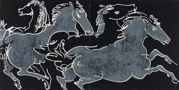 HANS ERNI (Swiss) Color lithograph: Hans Erni (Swiss, b.1909). "Lithograph from "Chevaux" (VIII)". Color lithograph. 1966. Print #202 of edition of 449. Rives BFK paper. Fine impression. 6 1/8 x 12 3/16 in. (156 x 310 mm). Sheet Size: 8