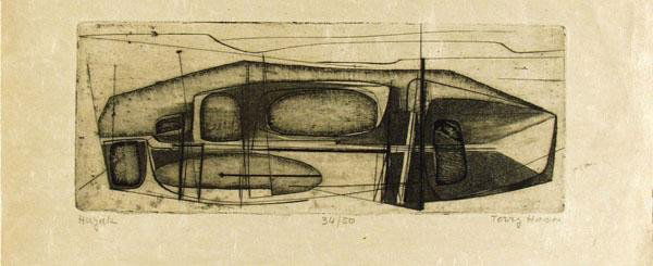 TERRY HAAS (Czech) Etching with aquatint: Terry Haas (Czech, b.1923). "Huyuk". Etching with aquatint. 1959. Print #34 of Edition of 50. Signed in pencil, lower right; titled in pencil, lower left; numbered in pencil, lower center. 3 1/4 x 8 5