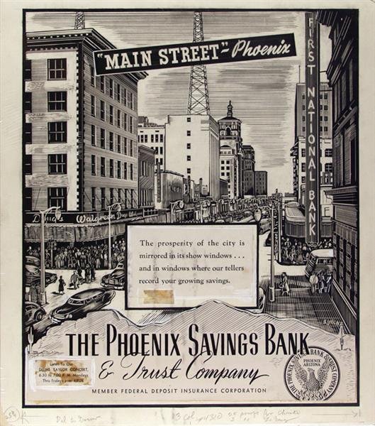 ARNOLD LABENZ (American) Scratch board illustratio: Arnold LaBenz (American, 20th Century). "Main Street, Phoenix [Arizona]". Scratch board illustration with ink, gouache and overlay. c1945. Signed, lower right. 14 3/16 x 12 1/16 in. (360 x 306 mm). Sh