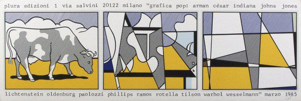 ROY LICHTENSTEIN (American) Original color silkscr: Roy Lichtenstein (American, 1923-1997). "Cow Going Abstract". Original color silkscreen poster. 1982. Printed 1985. Signed in pencil with the initials, lower right. Wove paper. Fine impression. 10 11/