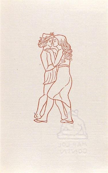 ARISTIDE MAILLOL (French) Color woodcut: Aristide Maillol (French, 1861 - 1944). "Chloe Donne un Baiser a Daphnis de Preference a Dorcon". Color woodcut. 1937. Edition of 500. Laid paper. 4 5/16 x 2 in. (110 x 51 mm). Sheet Size: 8 1/2 x 5 1