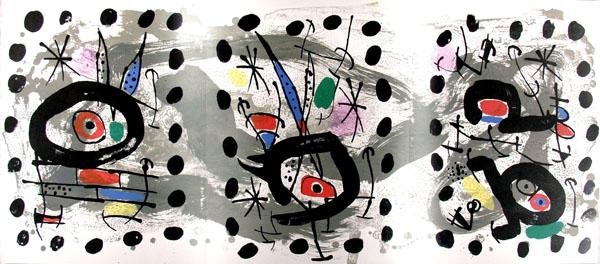 JOAN MIRO (Spanish) Color lithograph: Joan Miro (Spanish, 1893 - 1983). "Oiseau Solaire, Oiseau Lunaire, Etincelles". Color lithograph. 1967. 12 x 27 1/2 in. (305 x 698 mm). Sheet Size: 12 3/16 x 27 5/8 in. (310 x 702 mm). Vertical trifol
