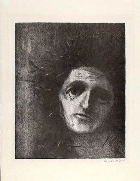 ODILON REDON (French) Original lithograph: Odilon Redon (French, 1840-1916). "Christ". Original lithograph. 1887. Edition of 25. Signed in pencil, lower right. Chine-volant paper. Wide margins. Fine impression. 12 15/16 x 10 5/8 in. (329 x 270