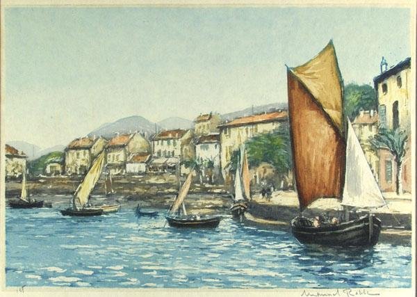 MANUEL ROBBE (French) Color aquatint: Manuel Robbe (French, 1872 - 1936). "Venetian Scene". Color aquatint. c1920. Edition of 125. Signed in pencil, lower right; numbered in pencil, lower left. Fine impression. 9 x 13 in. (229 x 330 mm). 