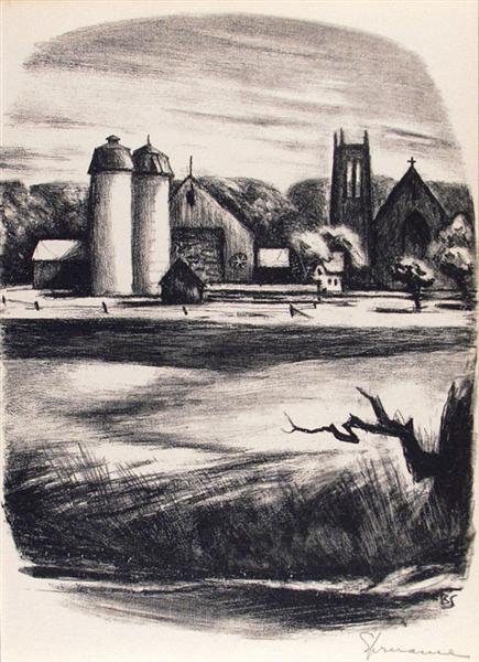 BENTON MURDOCH SPRUANCE (American) Lithograph: Benton Murdoch Spruance (American, 1904 - 1967). "Newtown Towers". Lithograph. 1948. Signed in pencil, lower right. Initialed in the stone. Fine impression. 9 7/8 x 7 9/16 in. (251 x 192 mm). Sheet Si