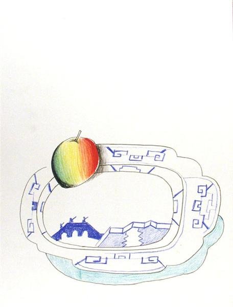 SAUL STEINBERG (American) Color lithograph: Saul Steinberg (American, 1914 - 1999). "Apple on a Blue Plate". Color lithograph. 1982. 14 15/16 x 11 in. (379 x 279 mm). Sheet Size: 14 15/16 x 11 in. (379 x 279 mm). [20707]