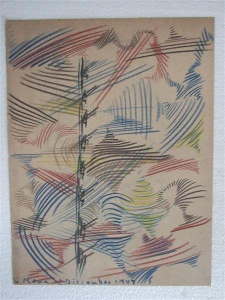 JALED MUYAES (Chilean/Mexican) Colored pencils on : Jaled Muyaes (Chilean/Mexican, 1921 - 2007). "Composicion en Lineas Café". Colored pencils on paper. 1948. Signed "S. Kena" and with the month "Dic." (Diciembre -December). Muyaes always signed his w