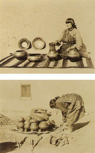 AMERICAN SCHOOL [20TH CENTURY] Vintage gelatin sil: American School [20th Century]. "Maria Martinez, San Ildefonso Potter: Displaying Her Wares & Building the Fire [Two prints]". Vintage gelatin silver prints. c1920s. Printed c1920s. Both Images: 3 13/