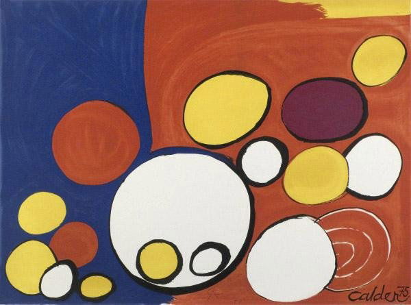 ALEXANDER CALDER (American) Original color lithogra: Alexander Calder (American, 1898 - 1976). "Spheres with Red and Blue Background". Original color lithograph. 1975. Signed in pencil with the initials and annotated "TP" lower center. Wove paper. Full