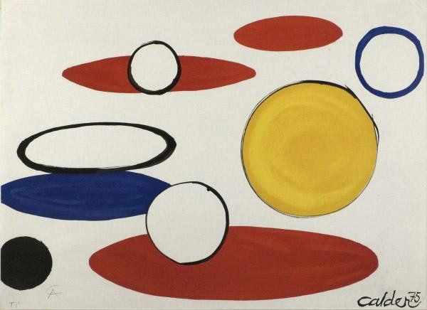 ALEXANDER CALDER (American) Original color lithogra: Alexander Calder (American, 1898 - 1976). "Yellow Sphere and Forms". Original color lithograph. 1975. Signed in pencil with the initials and annotated "TP" lower left. Wove paper. Full margins. Very g