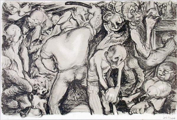 LEO HAAS (Czech) Original color (tinted) lithograp: Leo Haas (Czech, 1901-1983). "Brutalität". Original color (tinted) lithograph. 1947. Plate numbered in lower left margin. Edition size unknown, presumed very small. Signed in pencil and in the plate,