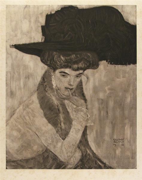 GUSTAV KLIMT (Austrian) Original color collotype, : Gustav Klimt (Austrian, 1862 - 1918). "Der Schwarze Federnhut [The Black Feather Hat] [From: Das Werk Gustav Klimts]". Original color collotype, printed in brown ink. 1910. Printed 1910-1914. Edition 