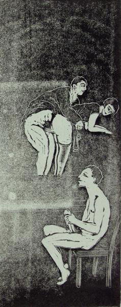 CHARLES LABORDE (Argentinian) Woodcut: Charles Laborde (Argentinian, 1886 - 1941). "Rêve Érotique, Caune en Mains (Erotic Dream, Cock in Hand)". Woodcut. c1920s. Green tinted paper. Fair impression. 6 1/4 x 2 7/16 in. (159 x 62 mm). Shee