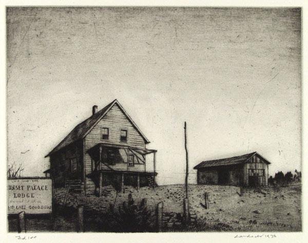 ARMIN LANDECK (American) Drypoint: Armin Landeck (American, 1905 - 1984). "Sunset Palace Lodge". Drypoint. 1938. Edition of 100. Signed, dated and editioned in pencil. Full margins (deckle edges). Fine impression, richly inked with muc
