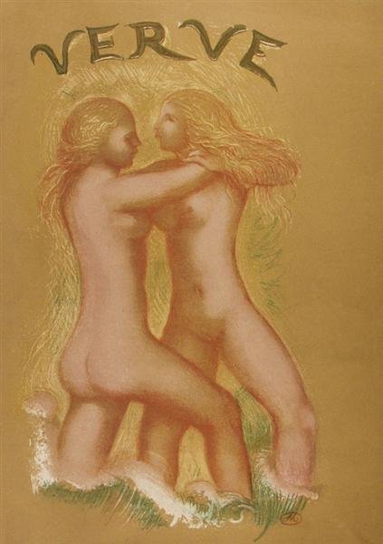 ARISTIDE MAILLOL (French) Color lithograph: Aristide Maillol (French, 1861 - 1944). "Cover for Verve [Arms around Neck]". Color lithograph. 1939. Signed with the monogram in the stone. 13 1/8 x 7 3/4 in. (333 x 197 mm). Sheet Size: 13 5/8 x 9 5
