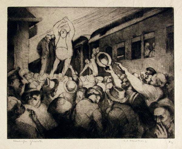 CHARLES I. OKERBLOOM, JR. (American) Etching with: Charles I. Okerbloom, Jr. (American, 1908 - 1999). "Washington Gladiator [James Farley]". Etching with drypoint. c1930s. Signed in pencil with the initials, lower right. 8 3/8 x 10 3/4 in. (213 x 273