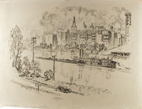 JOSEPH PENNELL (American) Lithograph: Joseph Pennell (American, 1860 - 1926). "Down the Coal River". Lithograph. 1917. Edition of 20. Signed in pencil, lower center. Full margins. 16 x 21 1/2 in. (406 x 546 mm). Sheet Size: 17 5/8 x 24 1/