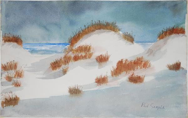 PAUL SAMPLE (American) Original watercolor: Paul Sample (American, 1896 - 1974). "California Dunes". Original watercolor. c1928. Signed lower right. White wove paper. 15 x 22 5/8 in. (381 x 575 mm). [23577]