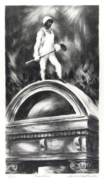 LAWRENCE BEALL SMITH (American) Lithograph: Lawrence Beall Smith (American, 1909 - 1989). "Demolition". Lithograph. 1985. Edition of 100. Signed, dated, titled and numbered in pencil. Full margins (deckle edges). Fine impression. 14 x 7 7/8 in.