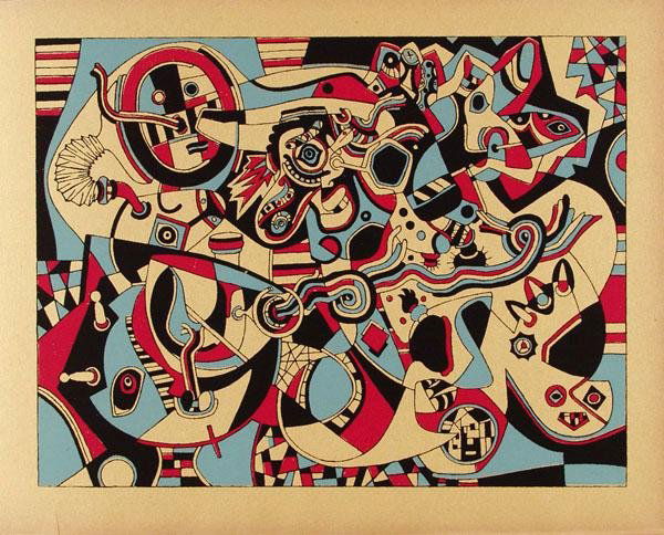 STEVE WHEELER (American) Original color silkscreen: Steve Wheeler (American, 1912 - 1992). "Prelude in Red". Original color silkscreen. 1947. Proposed edition of 513 (of which all were printed?). Full margins. Printed on yellowish-orange hand-made pape