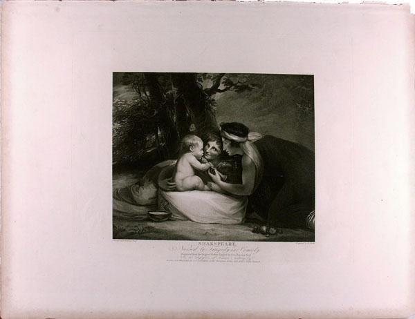 JOHN BOYDELL [PUBLISHER] (English) Copperplate eng: John Boydell [publisher] (English, 1719 - 1804). "Shakspeare: Nursed by Tragedy and Comedy". Copperplate engraving. 1803. 14 1/4 x 17 3/8 in. (362 x 441 mm). Sheet Size: 19 7/8 x 26 in. (505 x 660 mm)