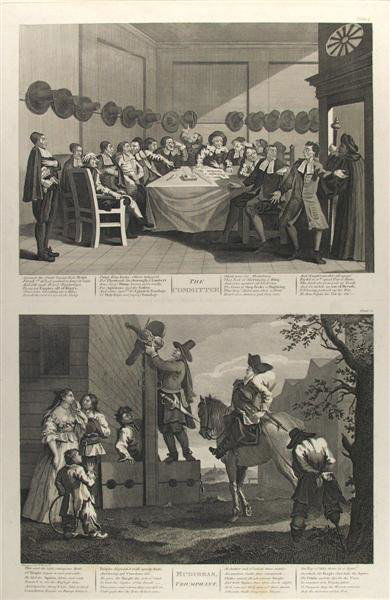 WILLIAM HOGARTH (English) Engraving: William Hogarth (English, 1697 - 1764). "Illustrations from Hudibras: Committee and Triumphant, Plate 9". Engraving. 1726. Signed in the plate. Fine impression. 22 x 14 1/2 in. (559 x 368 mm). Sheet S