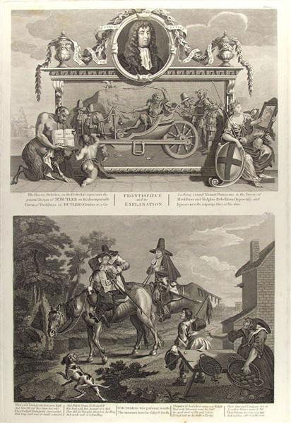 WILLIAM HOGARTH (English) Engraving: William Hogarth (English, 1697 - 1764). "Illustrations from Hudibras: Frontispiece and Its Explanation, Plate 1". Engraving. 1726. Fine impression. 21 1/4 x 14 1/4 in. (540 x 362 mm). Sheet Size: 24 3