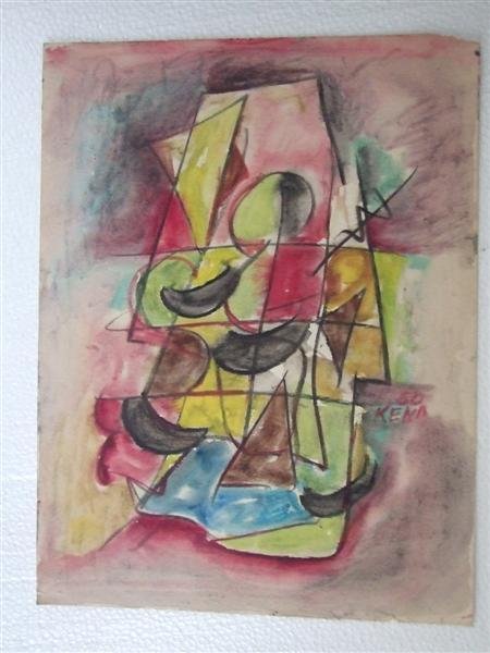 JALED MUYAES (Chilean/Mexican) Gouache on paper: Jaled Muyaes (Chilean/Mexican, 1921 - 2007). "Abstracion Trapecio". Gouache on paper. 1950. Signed "Kena." Muyaes always signed his work "Kena," "S. Kena," "Silvestre Kena," or "Silvestre;" or, if ini