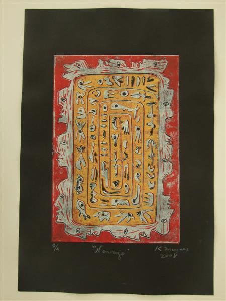 KARIMA MUYAES (Mexican) Color linocut: Karima Muyaes (Mexican, b.1960). "Navajo". Color linocut. 2008. An artist's proof, aside from the edition of 15. Signed and dated in pencil; annotated "P/A" in pencil. Printed on black wove paper. Ful