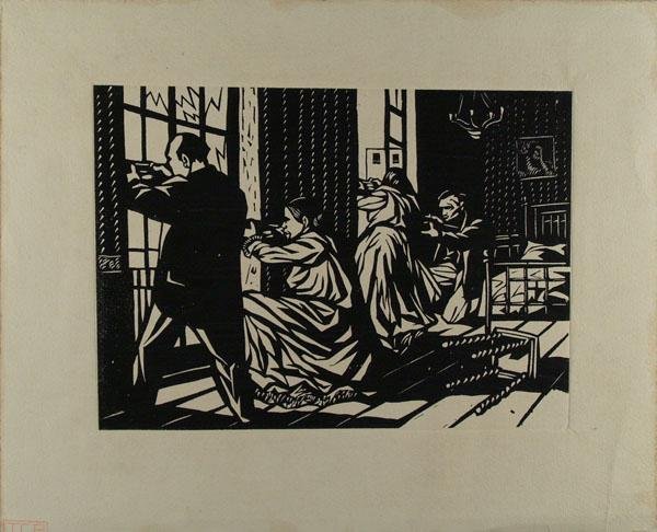 FERNANDO CASTRO PACHECO (Mexican) Linoleum cut: Fernando Castro Pacheco (Mexican, b.1918). "Aguiles Serdan y Su Familia Inician el 18 de Noviembre de 1910 en Puebla la Revolucion Armada". Linoleum cut. 1947. Printed later?. Red "TGP" stamp at lower
