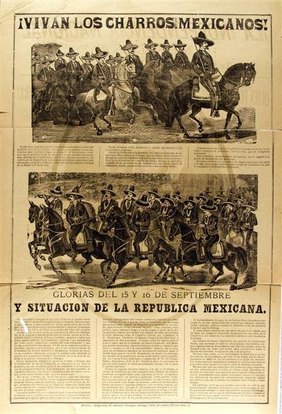 JOSE GUADALUPE POSADA (Mexican) Relief engraving: Jose Guadalupe Posada (Mexican, 1851 - 1913). "¡Vivan los Charros Mexicanos!". Relief engraving. c1910. Signed by Posada in the matrix. 21 1/2 x 14 1/2 in. (546 x 368 mm). Sheet Size: 23 3/4 x 16 in.